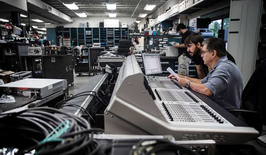 Audio workers in the Clair Global shop.