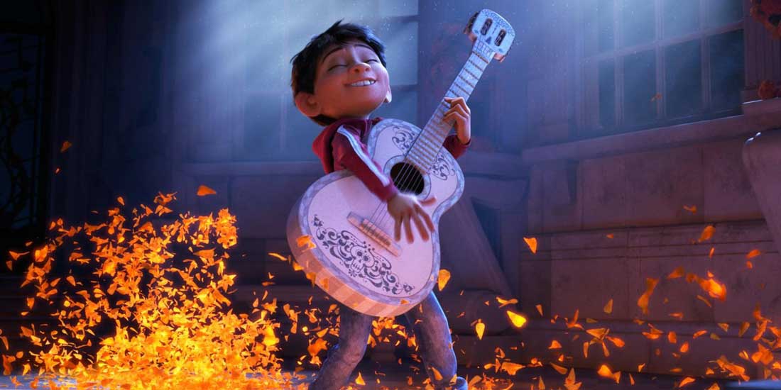 Animation still of young Miguel playing the guitar.