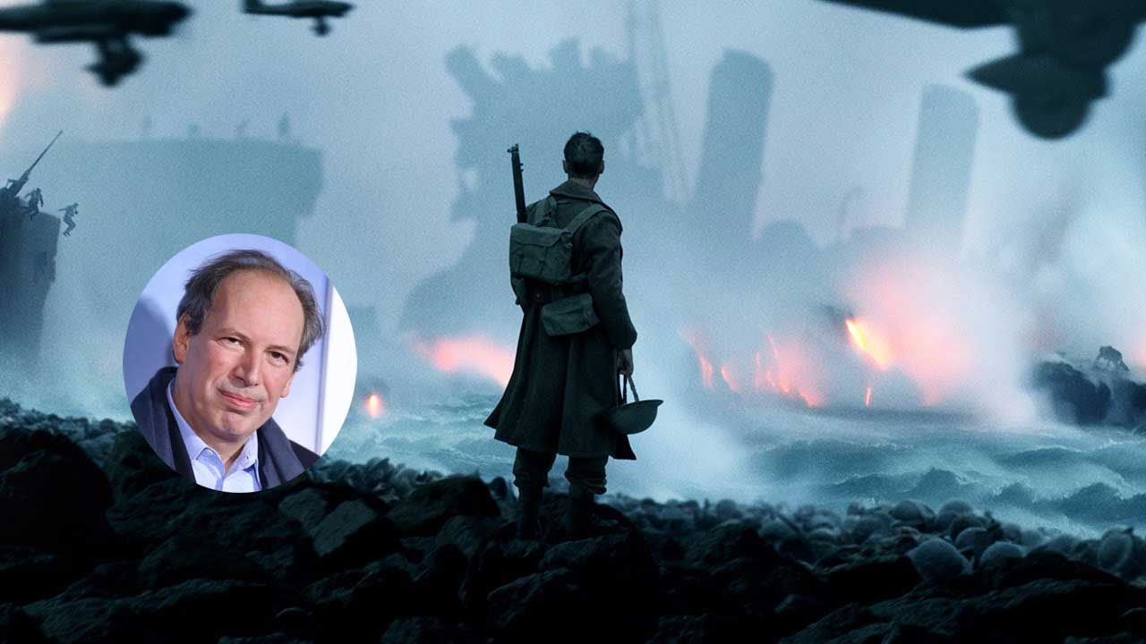 Hans Zimmer inset with background of war-torn Dunkirk