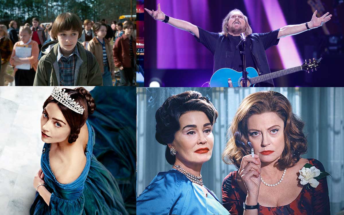 A collage of images featuring the young boy from Stranger Things, Bee Gee Barry Gibb outstretches his arms in a Christ-pose, Jessica Lange and Susan Sarandon looking very 50s, and the regal Jenna Coleman in a diamond tiara.