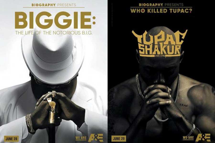 White poster featuring Biggie on left, with black poster for Shakur on right.