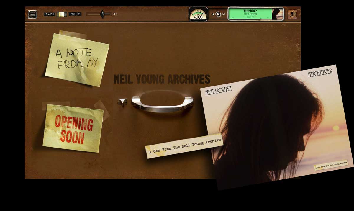 Neil Young Digital Archive landing page looks like an old file cabinet with post-it notes stuck on