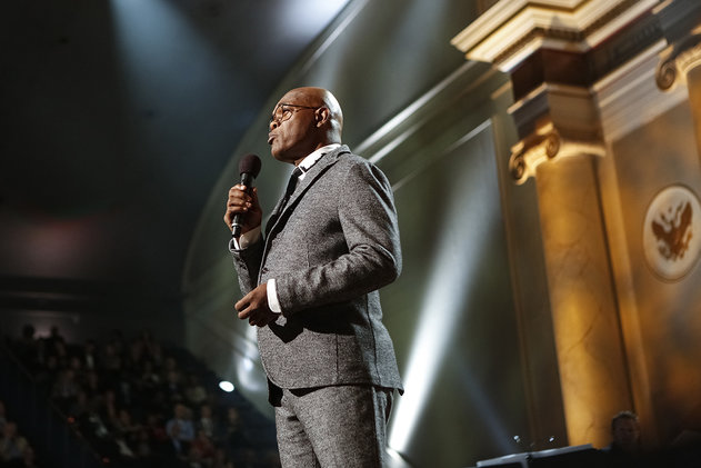 Samuel L. Jackson looking natty in a gray suit.