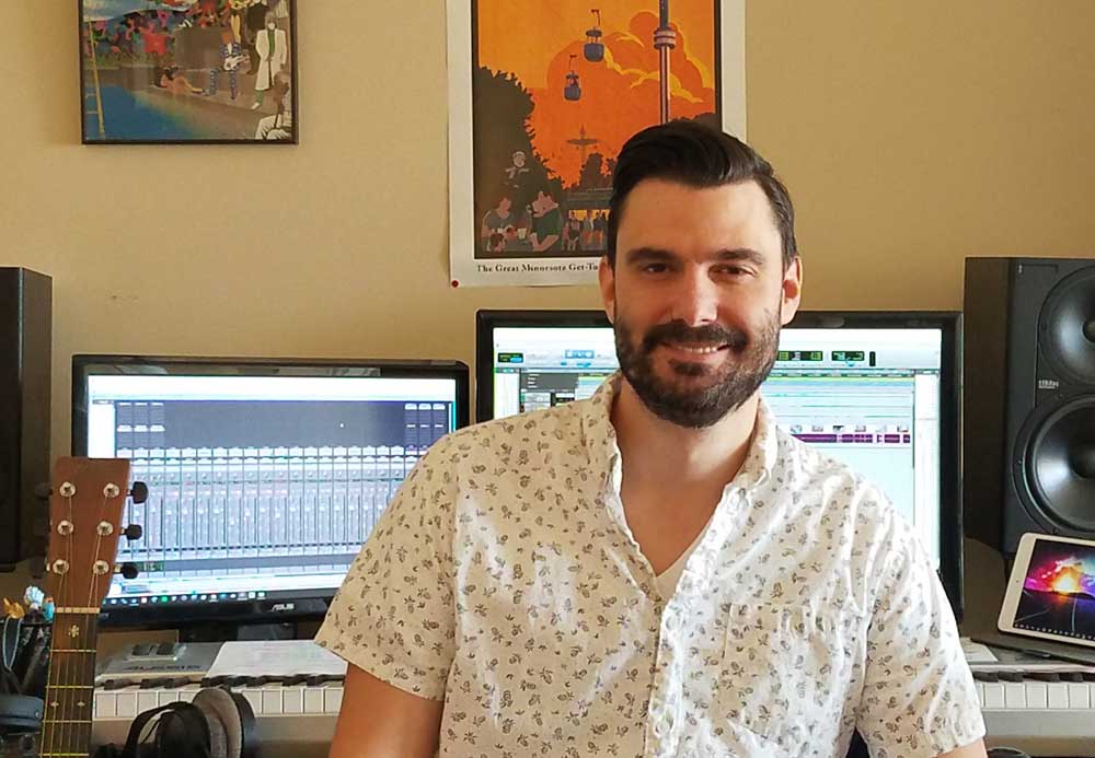 Composer Ryan Elder in is home studio.